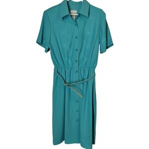 NWT Vtg 80s Brownstone Studio Petites Womens Blue Embroidered Shirt Dress